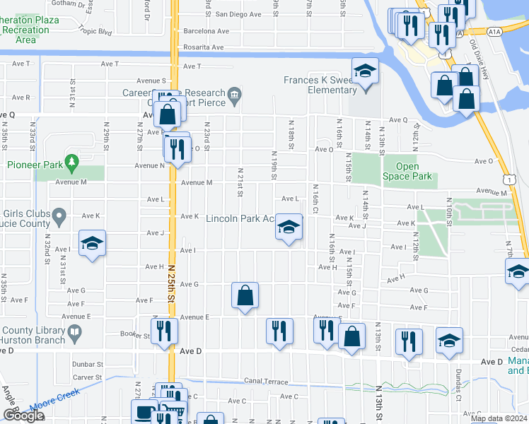 map of restaurants, bars, coffee shops, grocery stores, and more near 1908 Avenue K in Fort Pierce