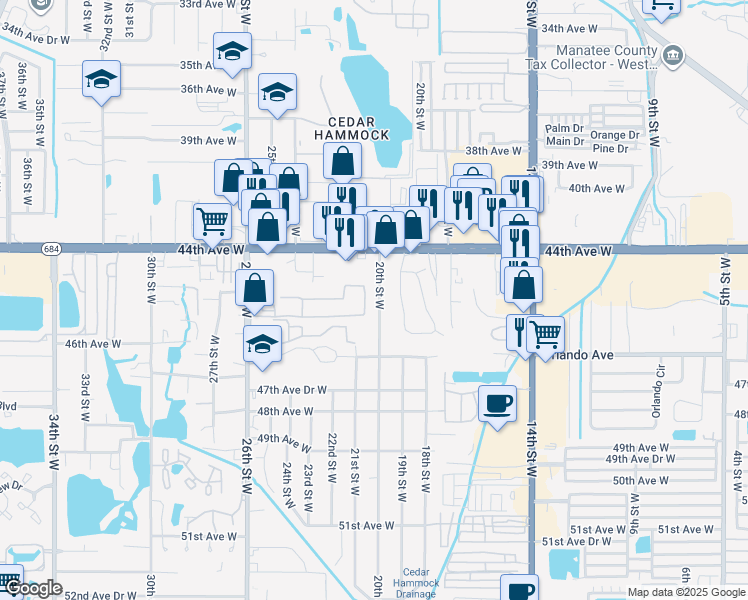 map of restaurants, bars, coffee shops, grocery stores, and more near 4504 20th Street West in Bradenton