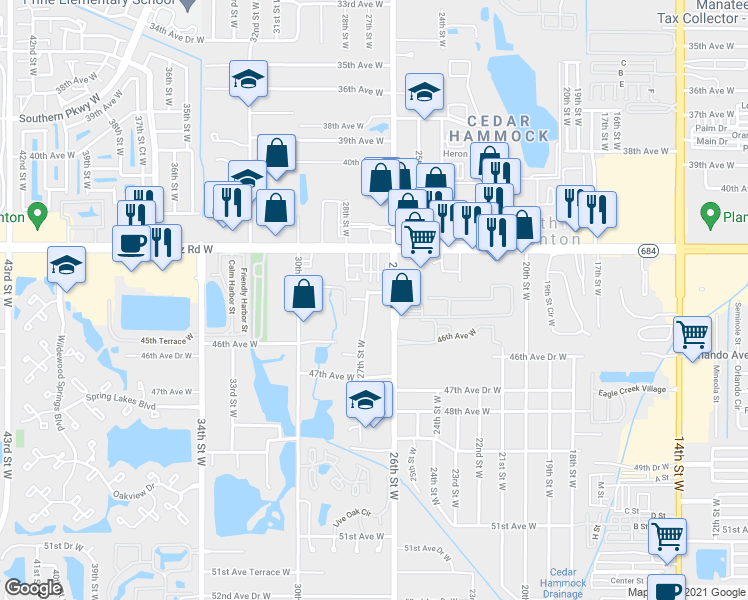 map of restaurants, bars, coffee shops, grocery stores, and more near 2621 45th Avenue West in Bradenton