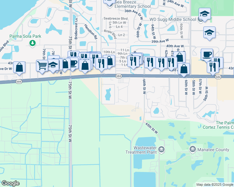 map of restaurants, bars, coffee shops, grocery stores, and more near 4512 68th Street West in Bradenton