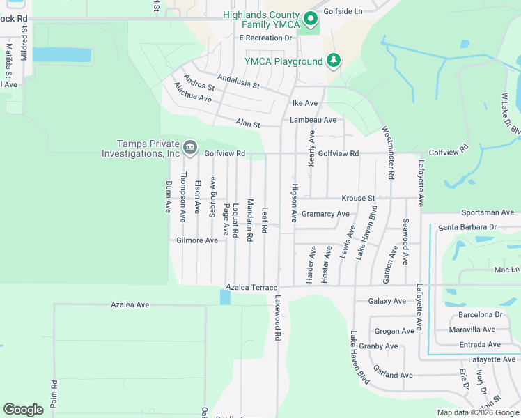 map of restaurants, bars, coffee shops, grocery stores, and more near 4123 Leaf Road in Sebring