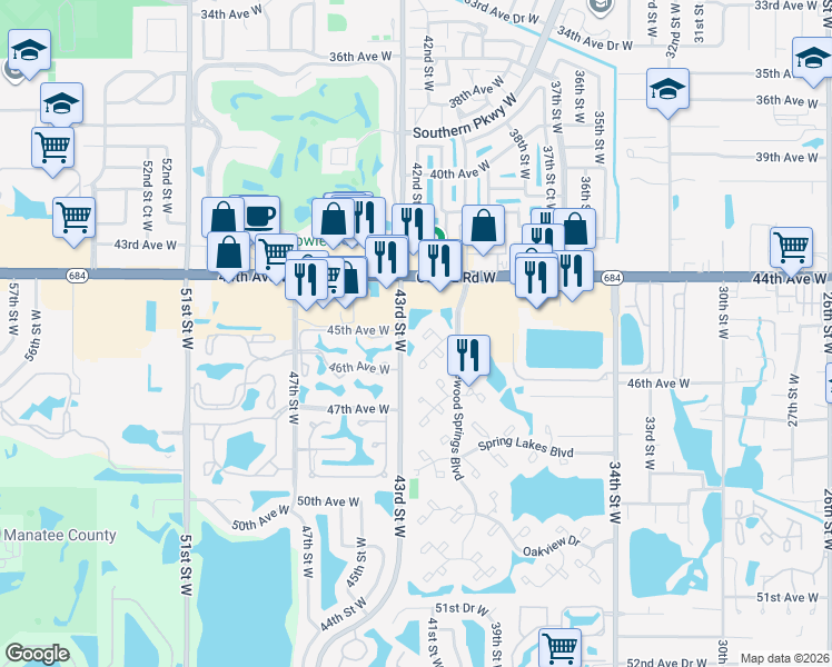 map of restaurants, bars, coffee shops, grocery stores, and more near 122 Pinehurst Drive in Bradenton