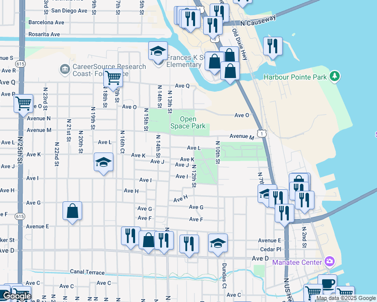 map of restaurants, bars, coffee shops, grocery stores, and more near 1205 Avenue L in Fort Pierce