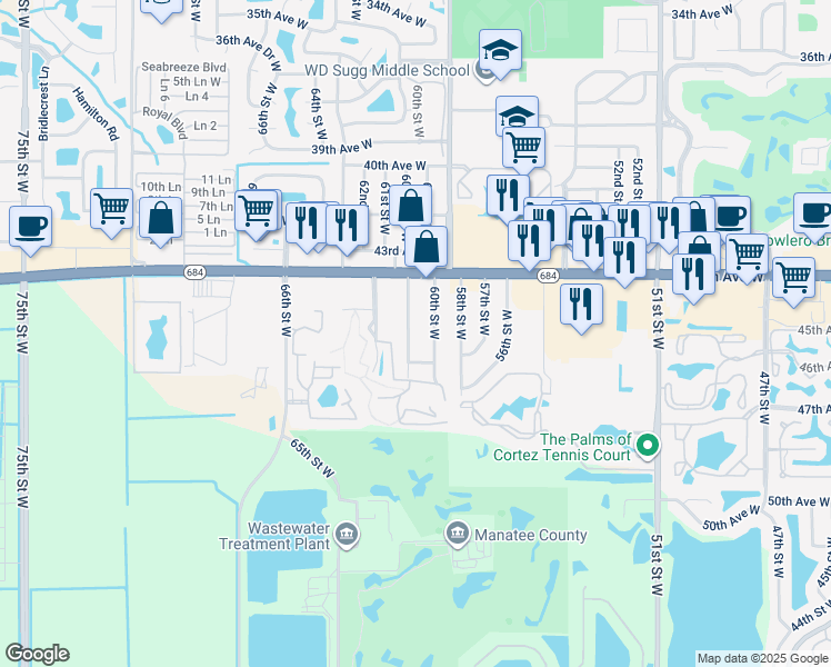 map of restaurants, bars, coffee shops, grocery stores, and more near 4507 60th Street Court West in Bradenton