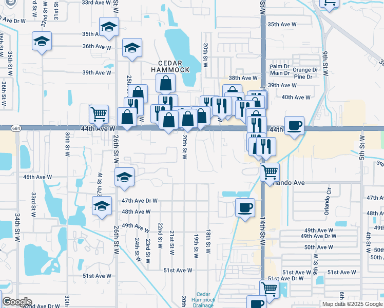 map of restaurants, bars, coffee shops, grocery stores, and more near 4413a 19th Street Circle West in Bradenton