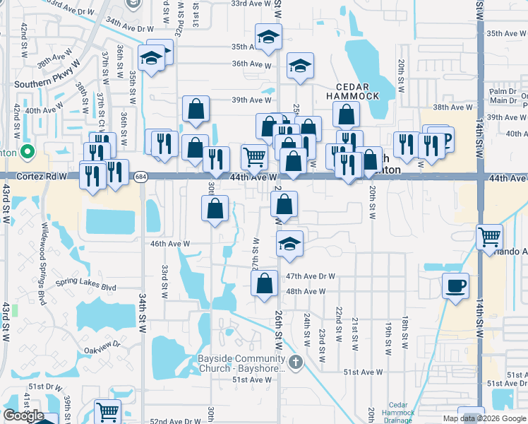 map of restaurants, bars, coffee shops, grocery stores, and more near 2621 45th Avenue West in Bradenton