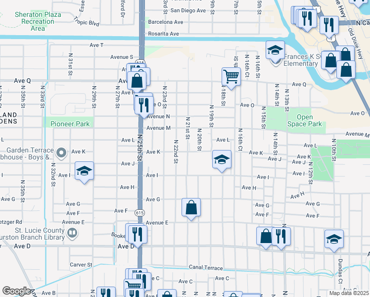 map of restaurants, bars, coffee shops, grocery stores, and more near 1203 North 21st Street in Fort Pierce