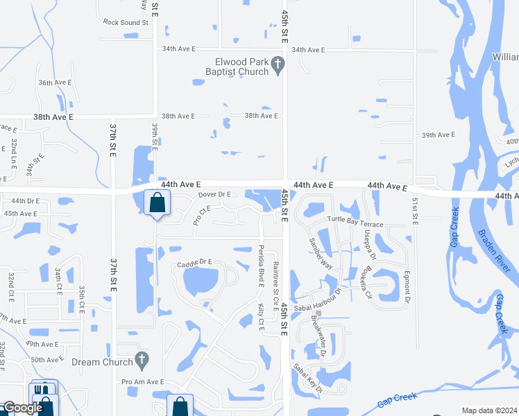 map of restaurants, bars, coffee shops, grocery stores, and more near 4327 Fairfax Drive East in Bradenton