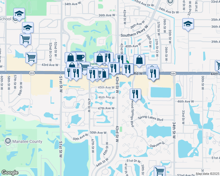 map of restaurants, bars, coffee shops, grocery stores, and more near 4405 45th Avenue West in Bradenton