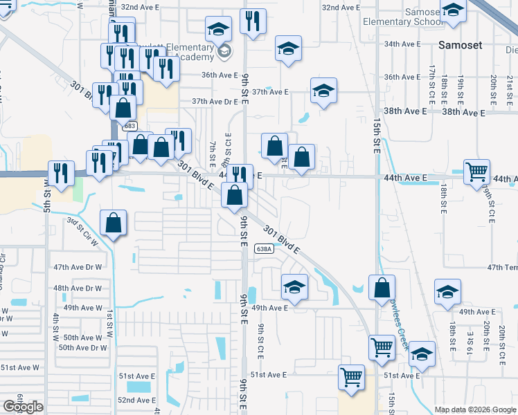 map of restaurants, bars, coffee shops, grocery stores, and more near 925 Fischer Drive in Bradenton