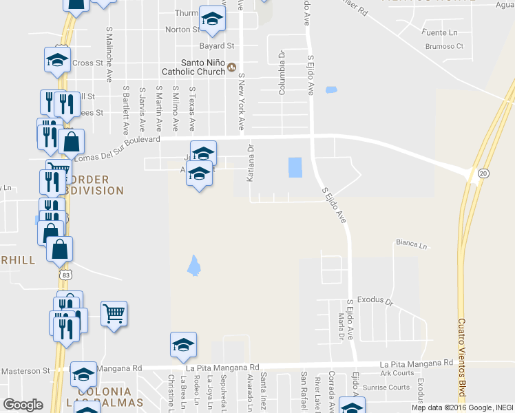 map of restaurants, bars, coffee shops, grocery stores, and more near 3919 Katiana Drive in Laredo