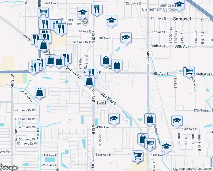 map of restaurants, bars, coffee shops, grocery stores, and more near 59 2nd Street in Bradenton