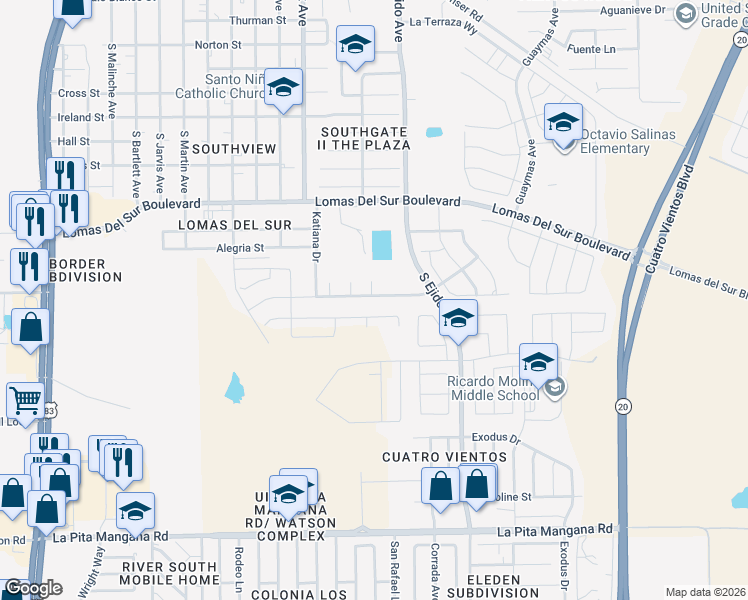 map of restaurants, bars, coffee shops, grocery stores, and more near 4201 Katiana Drive in Laredo