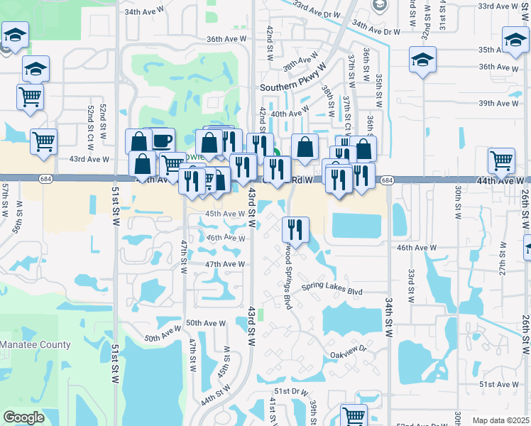 map of restaurants, bars, coffee shops, grocery stores, and more near 120 Pinehurst Drive in Bradenton