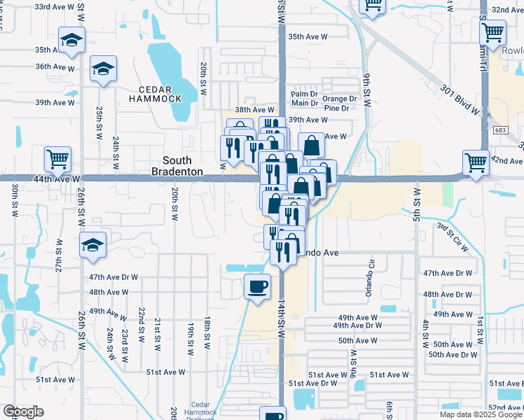 map of restaurants, bars, coffee shops, grocery stores, and more near 4433 York Drive in Bradenton