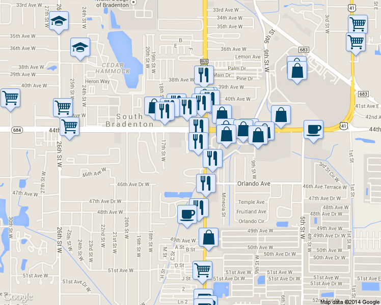 map of restaurants, bars, coffee shops, grocery stores, and more near 4433 York Drive in Bradenton