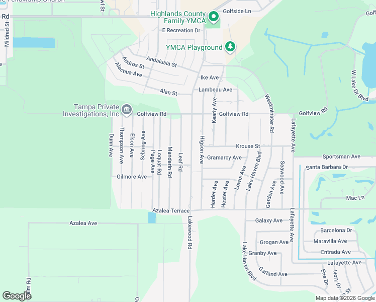 map of restaurants, bars, coffee shops, grocery stores, and more near 4100-4176 Lakewood Road in Sebring