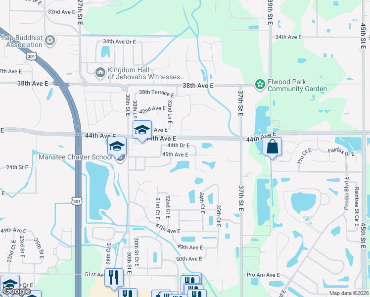map of restaurants, bars, coffee shops, grocery stores, and more near 3233 45th Avenue East in Bradenton