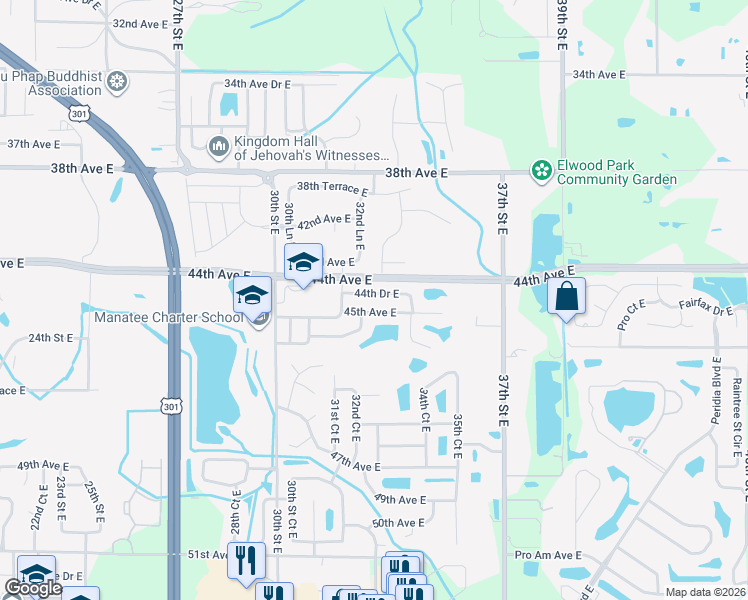 map of restaurants, bars, coffee shops, grocery stores, and more near 3211 45th Avenue East in Bradenton