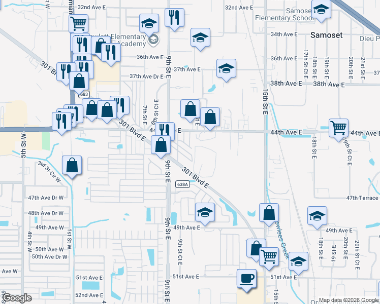 map of restaurants, bars, coffee shops, grocery stores, and more near 59 2nd Street in Bradenton