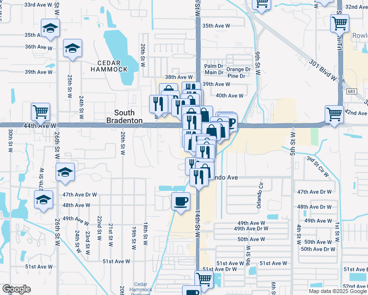 map of restaurants, bars, coffee shops, grocery stores, and more near 4433 York Drive in Bradenton