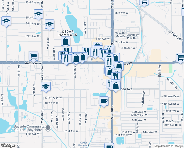 map of restaurants, bars, coffee shops, grocery stores, and more near 4526 19th Street Circle West in Bradenton