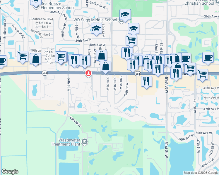 map of restaurants, bars, coffee shops, grocery stores, and more near 4507 60th Street Court West in Bradenton