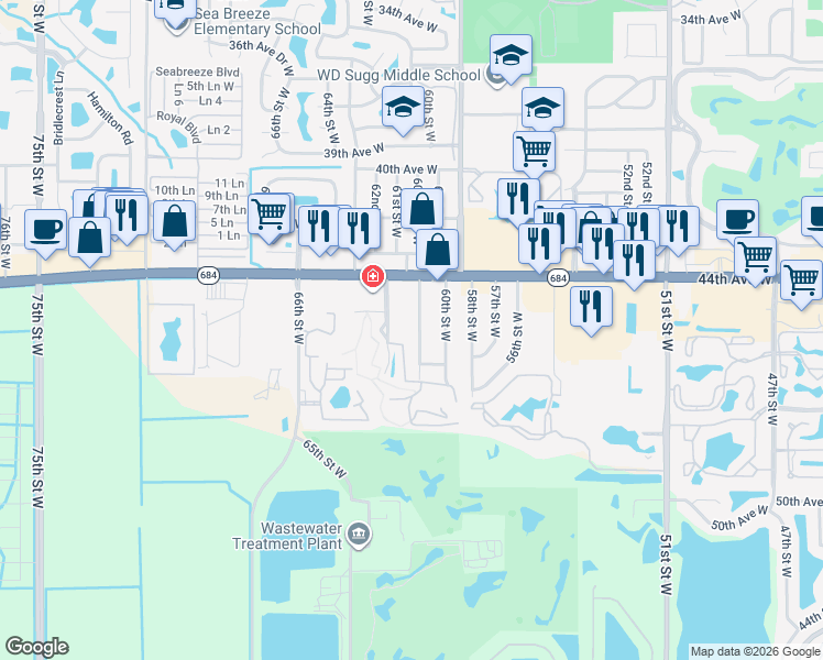 map of restaurants, bars, coffee shops, grocery stores, and more near 6082 Red Maple in Bradenton