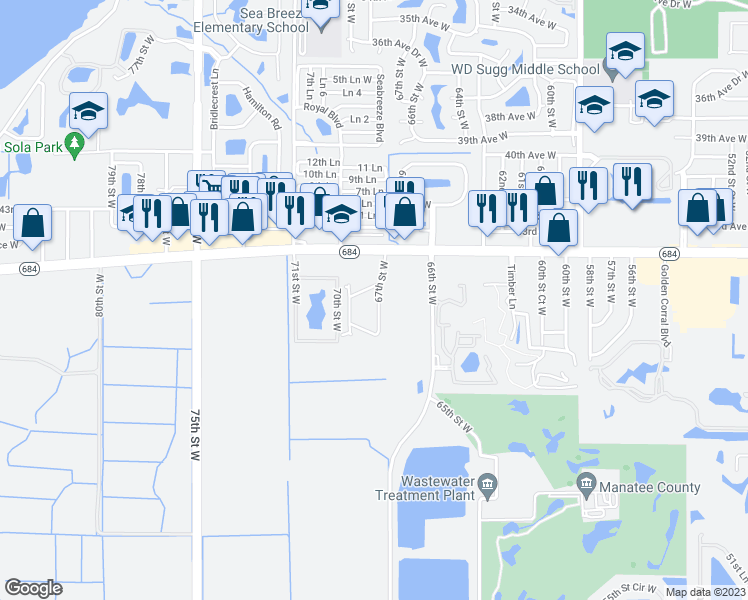 map of restaurants, bars, coffee shops, grocery stores, and more near 4511 67th Street West in Bradenton