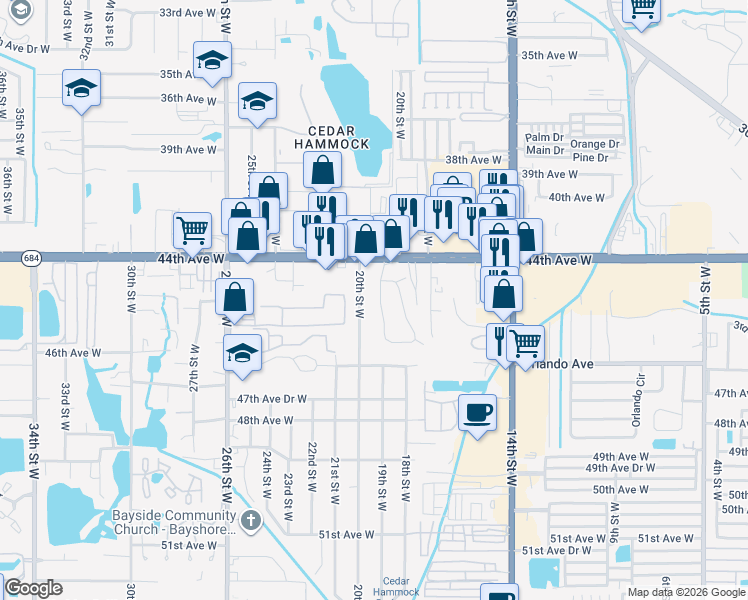 map of restaurants, bars, coffee shops, grocery stores, and more near 4413a 19th Street Circle West in Bradenton