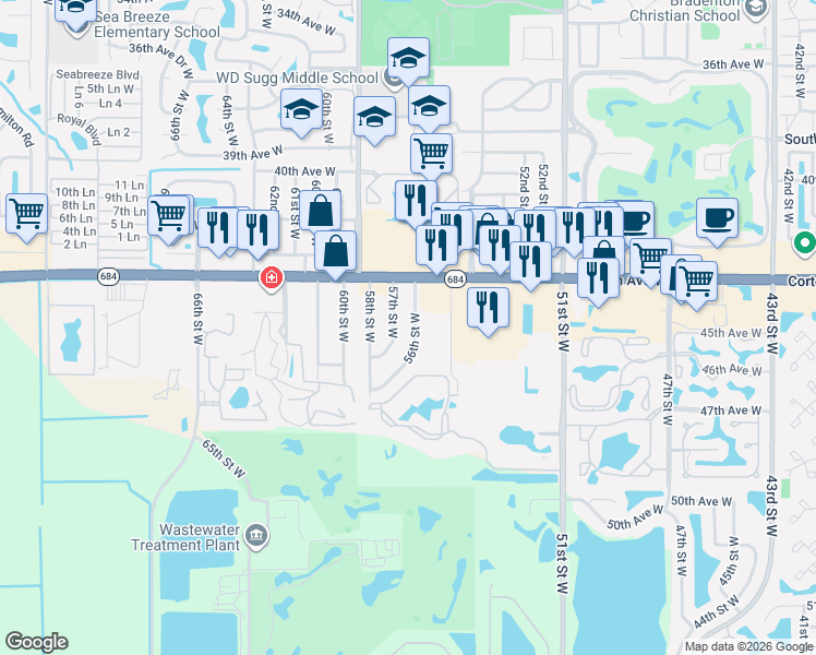 map of restaurants, bars, coffee shops, grocery stores, and more near 4508 56th Street West in Bradenton