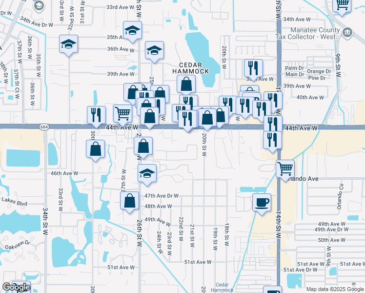 map of restaurants, bars, coffee shops, grocery stores, and more near 2215 Cortez Road West in Bradenton