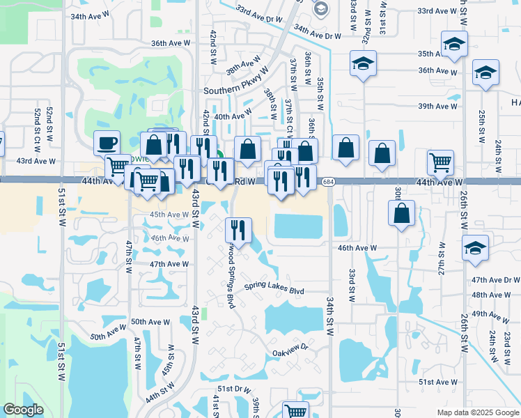 map of restaurants, bars, coffee shops, grocery stores, and more near 3647 Cortez Road West in Bradenton