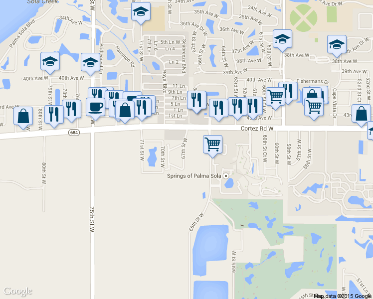 map of restaurants, bars, coffee shops, grocery stores, and more near 4511 67th Street West in Bradenton