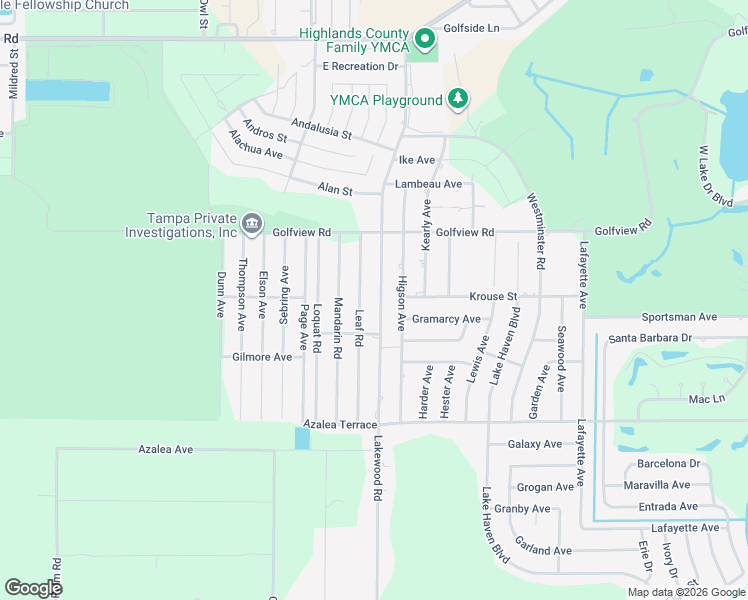 map of restaurants, bars, coffee shops, grocery stores, and more near 4100-4176 Lakewood Road in Sebring