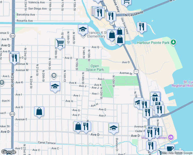 map of restaurants, bars, coffee shops, grocery stores, and more near 1205 Avenue L in Fort Pierce
