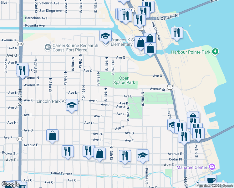 map of restaurants, bars, coffee shops, grocery stores, and more near 1214 North 13th Street in Fort Pierce