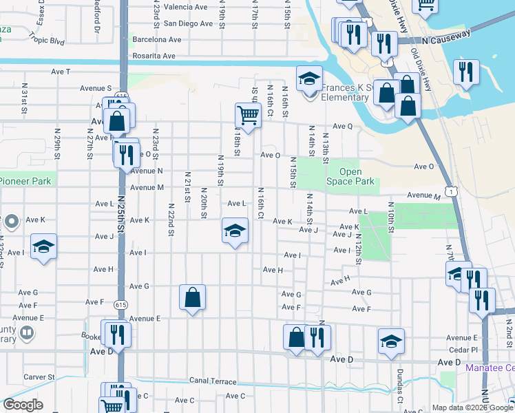 map of restaurants, bars, coffee shops, grocery stores, and more near 1204 North 17th Street in Fort Pierce