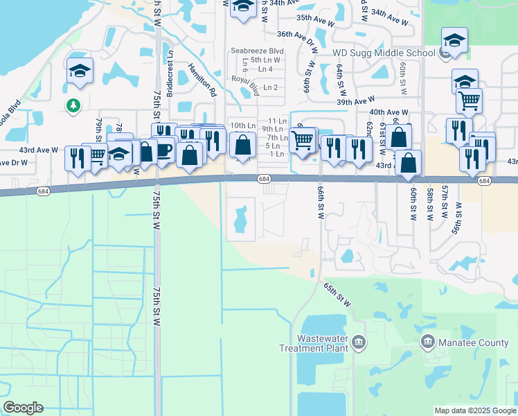 map of restaurants, bars, coffee shops, grocery stores, and more near 4512 68th Street West in Bradenton