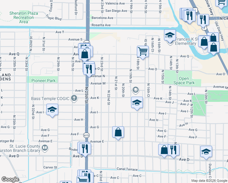 map of restaurants, bars, coffee shops, grocery stores, and more near 1203 North 21st Street in Fort Pierce