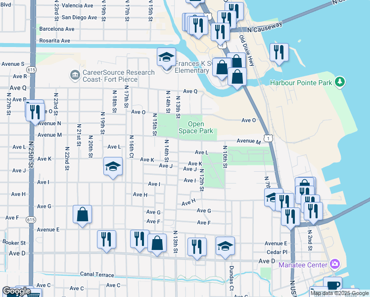 map of restaurants, bars, coffee shops, grocery stores, and more near 1220 Avenue L in Fort Pierce