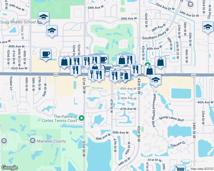 map of restaurants, bars, coffee shops, grocery stores, and more near 4450 47th Street West in Bradenton