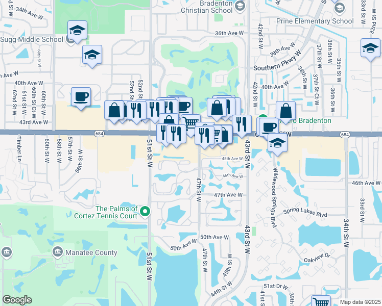 map of restaurants, bars, coffee shops, grocery stores, and more near 4450 47th Street West in Bradenton