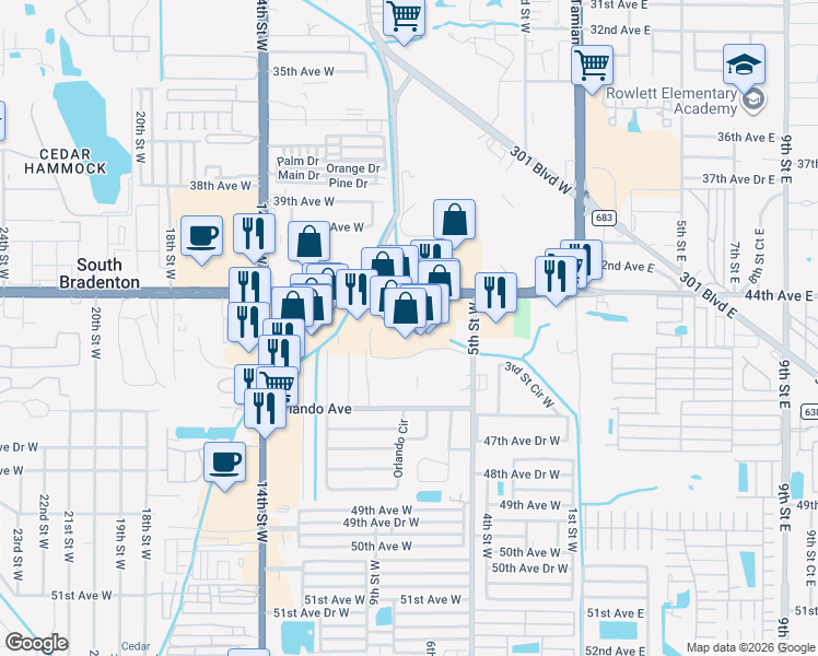 map of restaurants, bars, coffee shops, grocery stores, and more near 637 Cortez Road West in Bradenton