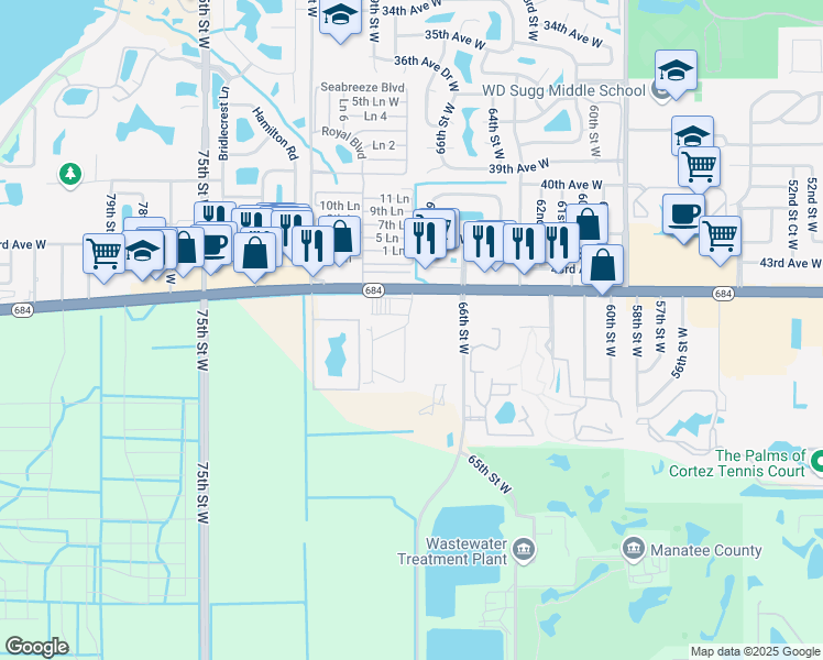 map of restaurants, bars, coffee shops, grocery stores, and more near 4511 67th Street West in Bradenton