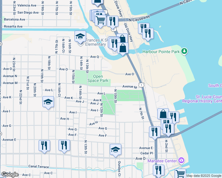 map of restaurants, bars, coffee shops, grocery stores, and more near 1112 Avenue M in Fort Pierce