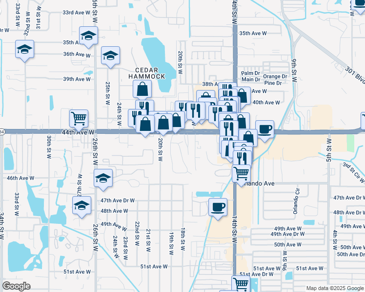 map of restaurants, bars, coffee shops, grocery stores, and more near 1721 Cortez Road West in Bradenton