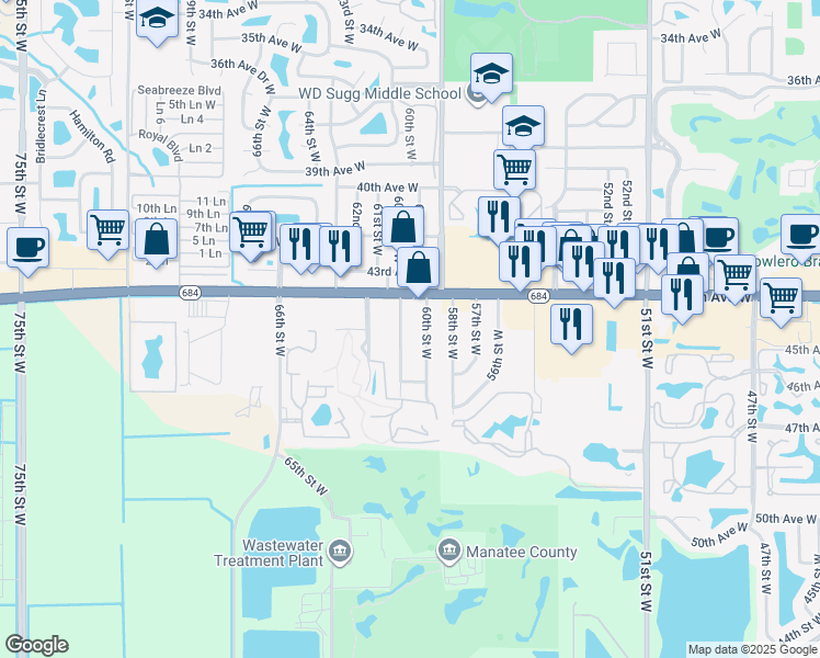 map of restaurants, bars, coffee shops, grocery stores, and more near 4419 60th Street Court West in Bradenton