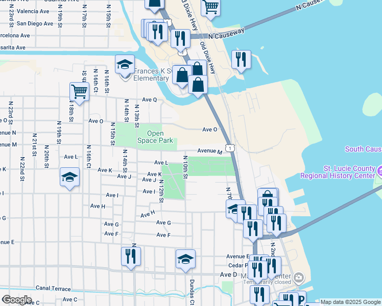 map of restaurants, bars, coffee shops, grocery stores, and more near 907 Avenue M in Fort Pierce