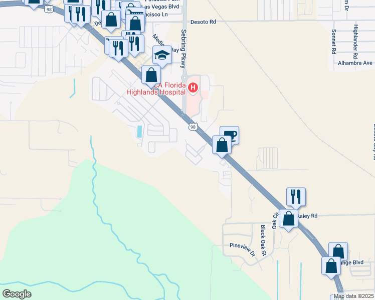 map of restaurants, bars, coffee shops, grocery stores, and more near 36 Grove Loop in Sebring